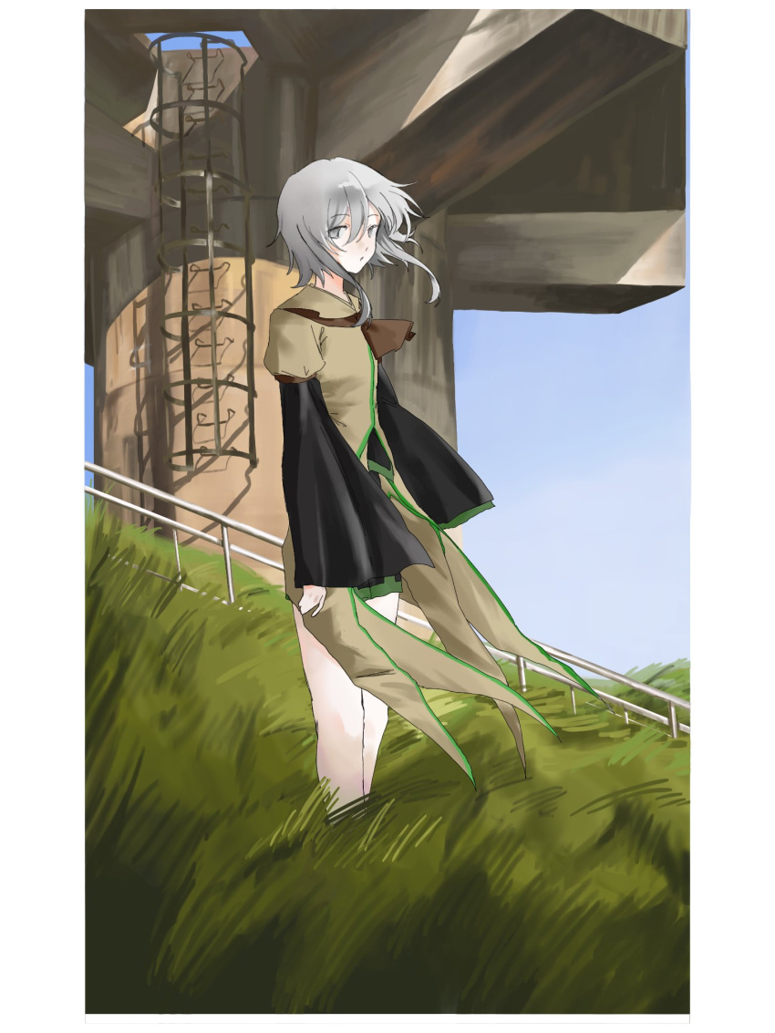 1other androgynous ascot brown_ascot brown_coat coat gas_wf grey_eyes grey_hair highres houlen_yabusame layered_sleeves len'en long_sleeves other_focus outdoors short_hair short_hair_with_long_locks short_over_long_sleeves short_sleeves shorts wide_sleeves