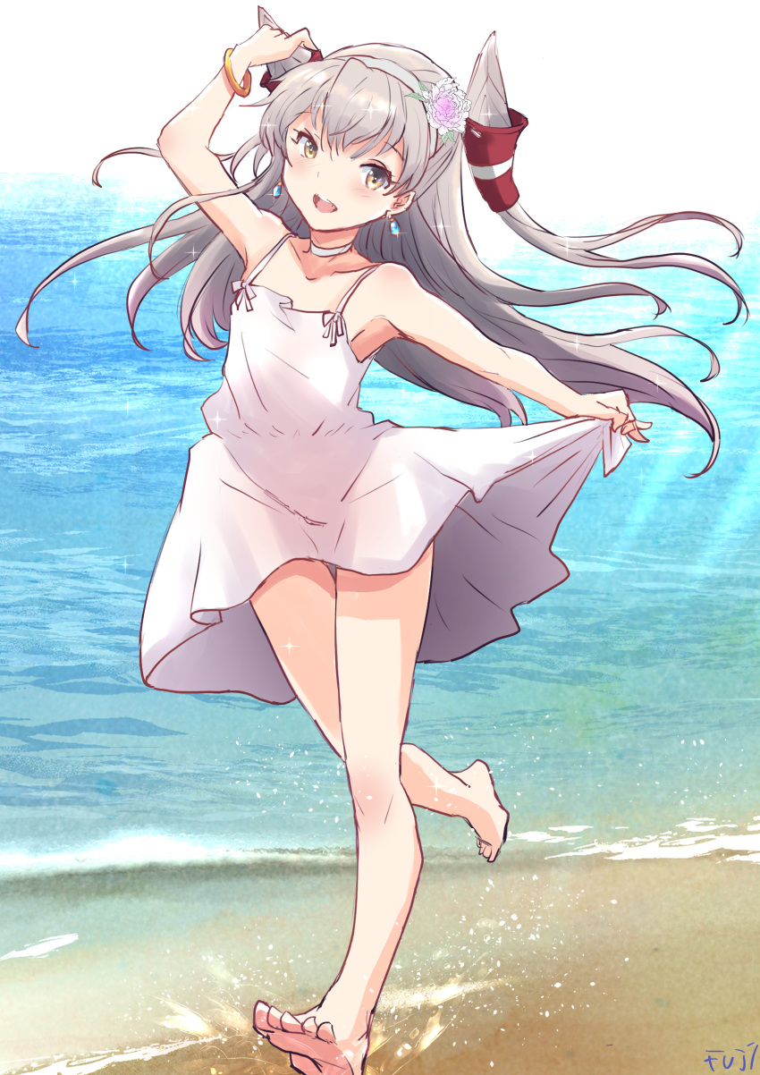1girl alternate_costume amatsukaze_(kancolle) barefoot beach brown_eyes choker dress flat_chest fuji_(pixiv24804665) full_body grey_hair hair_tubes highres kantai_collection long_hair looking_at_viewer ocean open_mouth round_teeth running skirt_hold smile smokestack_hair_ornament solo sundress teeth two_side_up upper_teeth_only white_choker white_dress