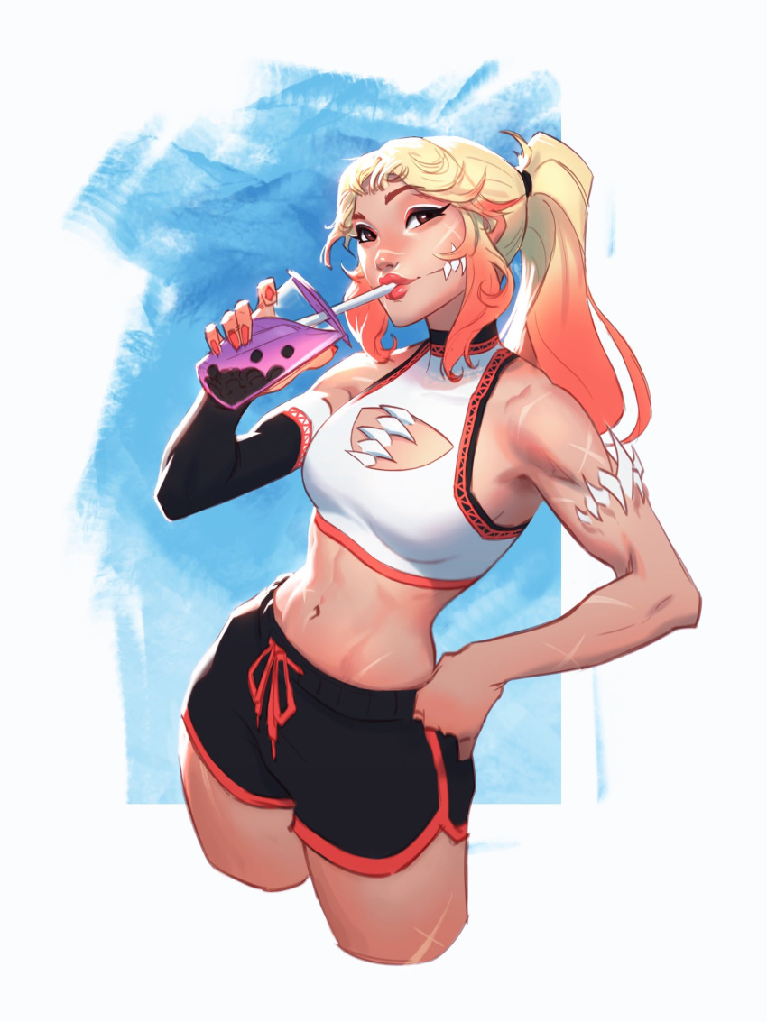 1girl bare_shoulders black_shorts blonde_hair breasts brown_eyes bubble_tea cleavage_cutout clothing_cutout cowboy_shot cup disposable_cup dolphin_shorts drawstring drinking drinking_straw drinking_straw_in_mouth extra_teeth from_above glasgow_smile gradient_hair hand_on_own_hip highres holding holding_cup jeremy_anninos multicolored_hair original ponytail red_lips redhead scar scar_on_arm scar_on_cheek scar_on_face scar_on_leg scar_on_nose scar_on_shoulder scar_on_stomach short_shorts shorts sidelocks sideways_glance small_breasts solo sports_bra tanya_(jeremy_anninos) white_sports_bra