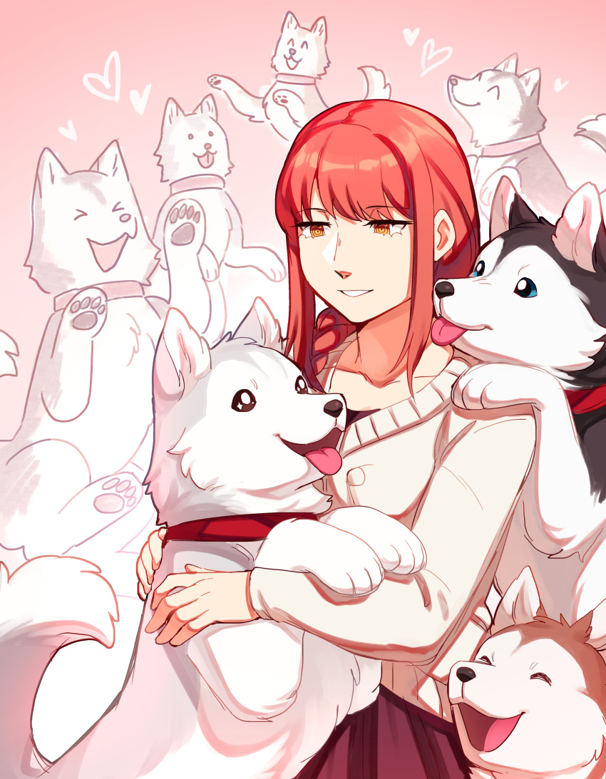 &gt;_&lt; 1girl :d ^_^ absurdres chainsaw_man closed_eyes collar collarbone commentary dog dog_request frogbians gradient_background highres long_hair makima_(chainsaw_man) multiple_dogs open_mouth pawpads red_background red_collar redhead ringed_eyes simple_background smile snout solo teeth tongue tongue_out too_many too_many_dogs xd yellow_eyes