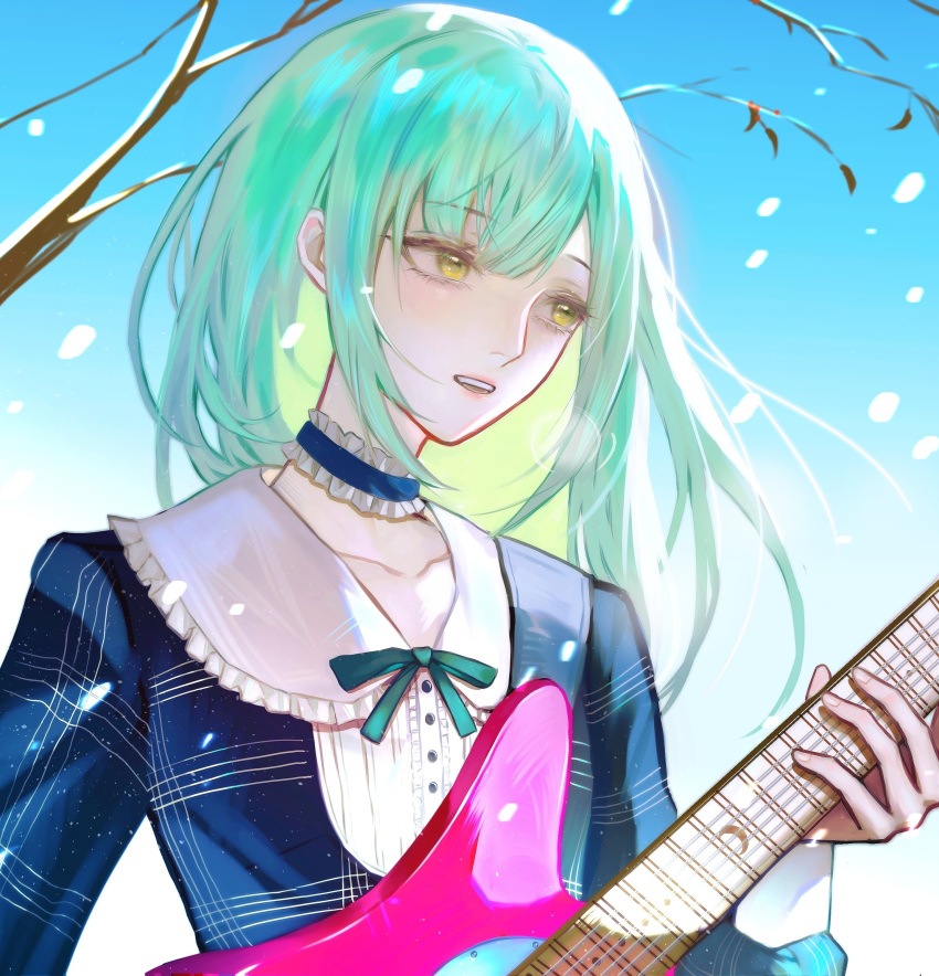 1girl absurdres bang_dream! bang_dream!_it's_mygo!!!!! blue_choker blue_dress blue_sky branch chinese_commentary choker commentary_request dress electric_guitar frilled_choker frills green_hair green_ribbon guitar highres holding holding_guitar holding_instrument instrument long_hair neck_ribbon outdoors parted_lips playing_guitar ribbon sky snowing solo tianzhongdouyi1 upper_body wakaba_mutsumi yellow_eyes