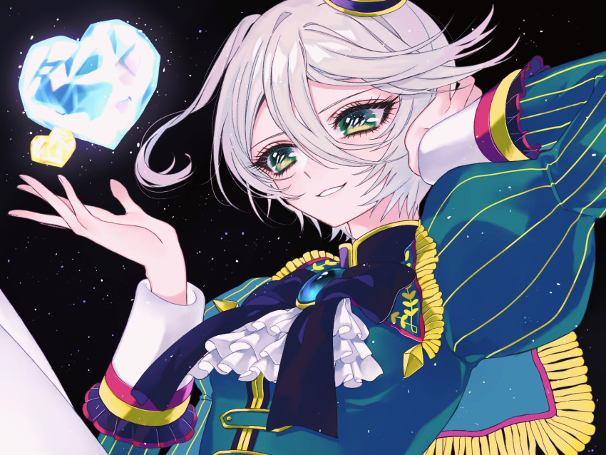 1girl ao_(ao0_0nemu) arm_up ascot bad_id bad_twitter_id black_background black_ribbon blue_jacket commentary_request crystal floating floating_object green_eyes grey_hair hair_between_eyes hand_on_own_head hand_up heart highres idol_clothes jacket juliet_sleeves long_sleeves neck_ribbon open_mouth pretty_series pripara puffy_sleeves reverse_trap ribbon shikyoin_hibiki short_hair smile solo upper_body white_ascot