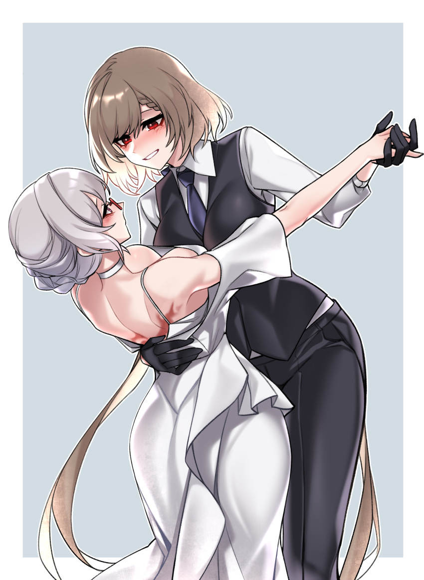 2girls absurdres black_gloves black_necktie black_pants black_vest blush braid breasts brown_hair collared_shirt commentary_request commission cowboy_shot dancing dogs_(dlrkdejr26) dress english_commentary french_braid girls_frontline gloves grey_background highres inset_border kord_(girls'_frontline) korean_commentary long_hair looking_at_another mixed-language_commentary multiple_girls necktie original pants parted_lips red_eyes shirt short_hair simple_background smile two-tone_background vest white_dress white_hair white_shirt