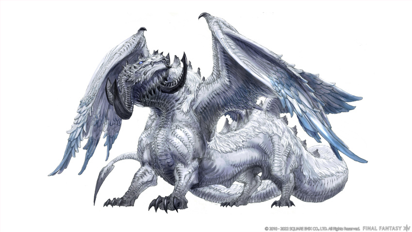 animal_focus black_horns blue_eyes claws company_name concept_art copyright_name copyright_notice curled_horns dragon feathered_wings final_fantasy final_fantasy_xiv from_side full_body highres horns hraesvelgr_(ff14) multiple_horns multiple_wings no_humans official_art scales simple_background solo spiked_tail tail tetsu_tsukamoto white_background wings