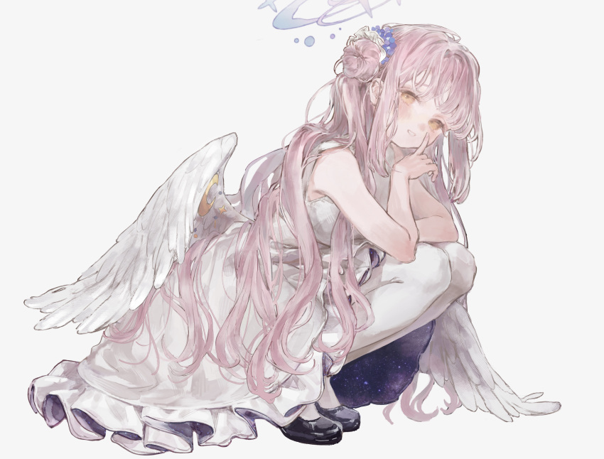 absurdres angel_wings blue_archive blush dress feathered_wings finger_to_cheek frilled_ribbon frills hair_bun hair_ornament halo high_heels highres ichikawa_sae long_hair looking_at_viewer low_wings mika_(blue_archive) pantyhose pink_hair pink_halo ribbon simple_background single_side_bun white_dress white_pantyhose white_wings wing_ornament wings yellow_eyes