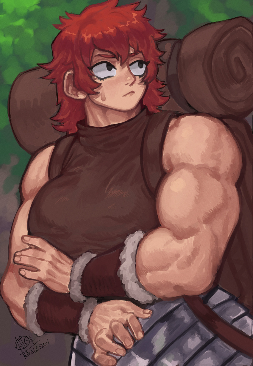 absurdres backpack bag bedroll black_eyes bracer dungeon_meshi dwarf forest frown fur_trim gabriel_ales highres looking_to_the_side muscular muscular_female namari_(dungeon_meshi) nature nervous redhead signature sweat tomboy