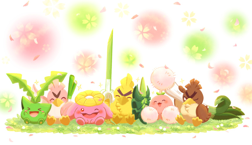 &gt;_&lt; :3 alternate_color bird bright_pupils brown_eyes closed_eyes dandelion duck falling_petals farfetch'd flower food galarian_farfetch'd holding holding_food holding_vegetable hoppip jumpluff no_humans on_grass one_eye_closed open_mouth petals pokemon pokemon_(creature) red_eyes shiny_pokemon shuri_(syurigame) sirfetch'd sitting skiploom vegetable white_pupils