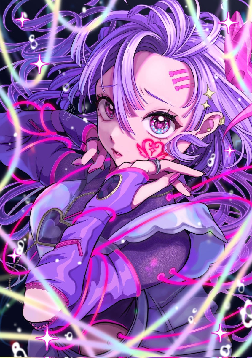 1girl black_background character_request clothing_request copyright_request hair_between_eyes heart heart_in_eye highres jewelry looking_at_viewer multicolored_eyes necklace pink_nails purple_hair ring solo symbol_in_eye tagme usagiboshi_shizuka