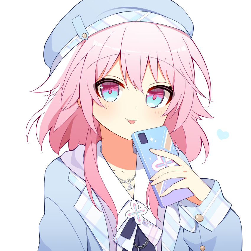 1girl :p absurdres beret blue_eyes blue_hat blue_jacket blush cellphone commentary cross cross_necklace hat heart highres holding holding_phone honkai:_star_rail honkai_(series) hood hoodie jacket jewelry long_sleeves march_7th_(honkai:_star_rail) multicolored_eyes necklace phone pink_eyes pink_hair purple_hoodie shirt short_hair sidelocks simple_background solo tongue tongue_out upper_body uwasewau white_background white_shirt