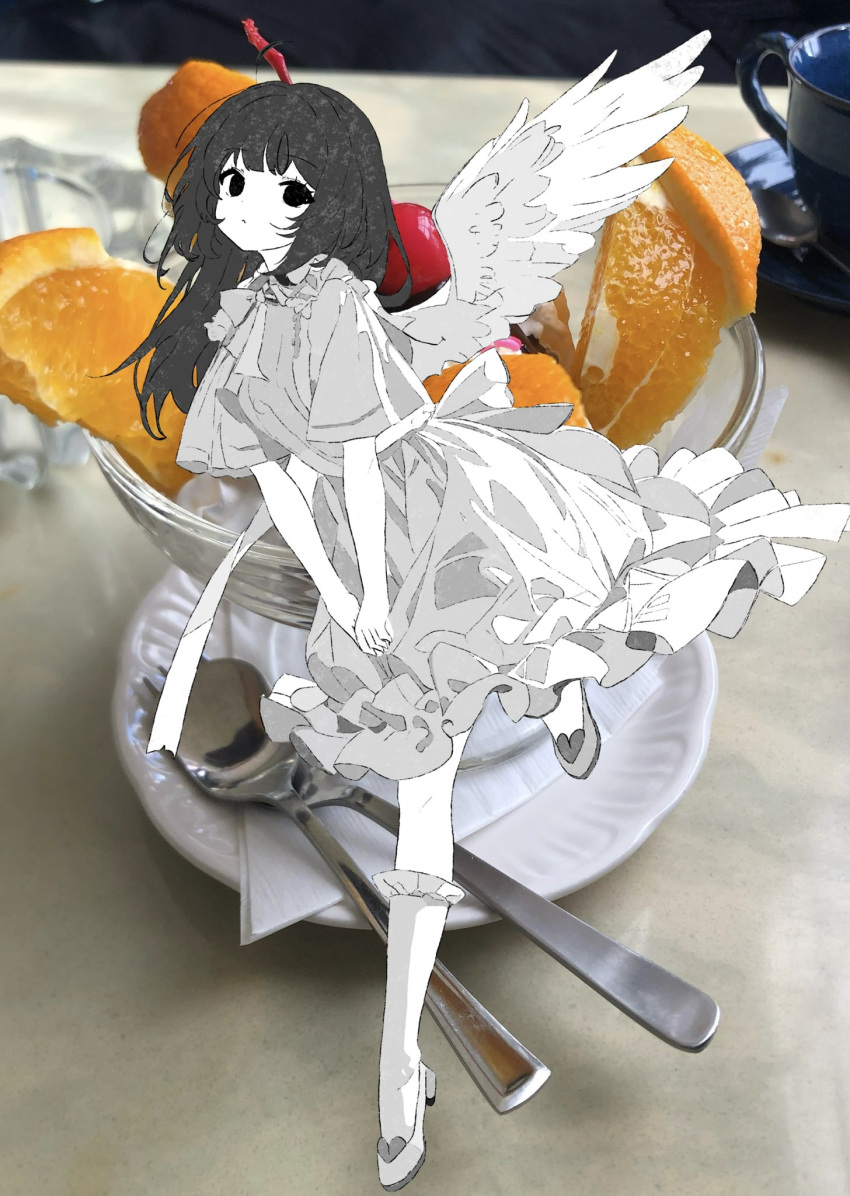 1girl closed_mouth commentary_request dot_mouth dress empty_eyes expressionless frilled_dress frills full_body greyscale_with_colored_background highres kneehighs long_hair looking_at_viewer mochu_(aoishikabane) original photo_background socks solo standing standing_on_one_leg