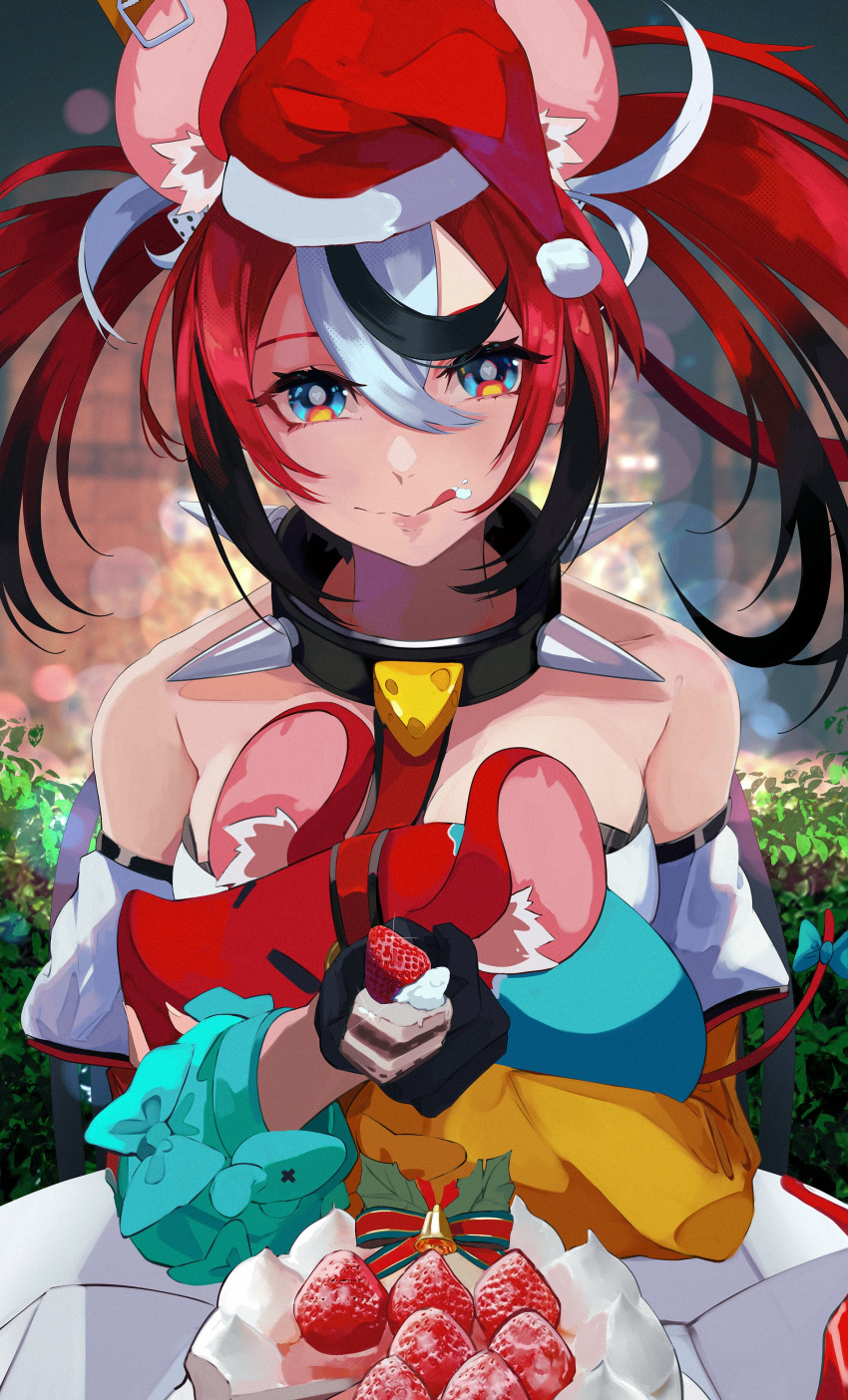 1girl :p absurdres animal_ears bell black_hair cake cake_slice cheese city collar food food_on_face fruit hair_ornament hakos_baelz hakos_baelz_(1st_costume) hat highres hololive hololive_english incoming_food looking_at_viewer mistletoe mouse_ears mouse_girl mouse_tail mousetrap moyomo mr._squeaks_(hakos_baelz) multicolored_hair santa_hat smile solo spiked_collar spikes strawberry streaked_hair tail tongue tongue_out virtual_youtuber white_hair