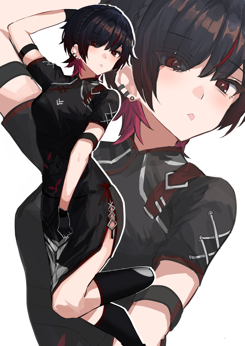 1girl absurdres arm_behind_head black_gloves black_hair black_thighhighs chinese_clothes eyebrows_hidden_by_hair gloves gradient_hair hair_over_one_eye highres iris_black_games kisaragi_ren_(vtuber) maya_fa multicolored_hair red_eyes redhead short_hair side_slit simple_background solo thigh-highs tongue tongue_out virtual_youtuber vspo! white_background zoom_layer