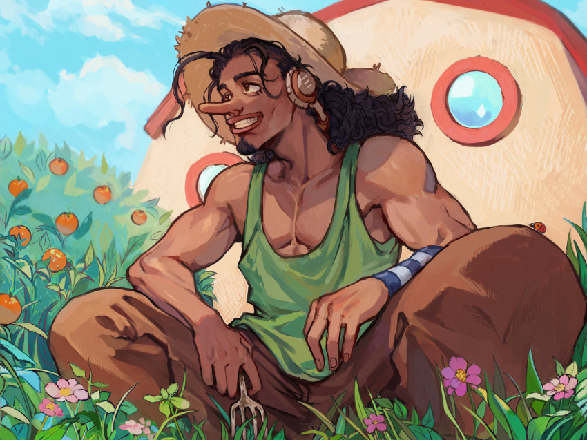 1boy absurdres alternate_costume black_eyes clenched_teeth commentary curly_hair earmuffs english_commentary facial_hair fork goatee green_tank_top hat highres holding holding_fork just_noi long_hair long_nose male_focus one_piece outdoors sleeveless smile solo tank_top teeth usopp