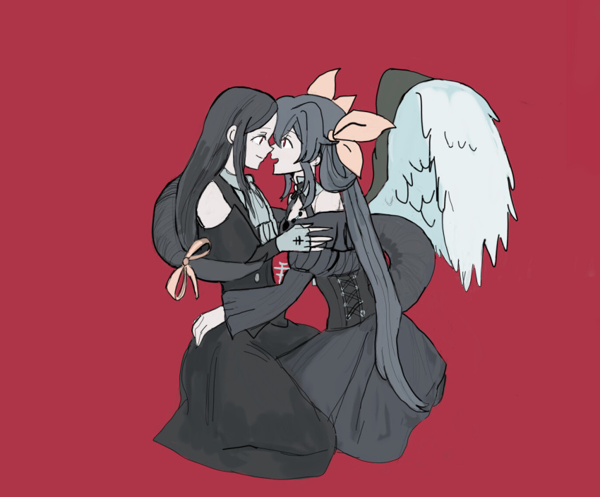 1girl 1other androgynous black_dress black_hair black_skirt blue_hair couple couple_in_love dizzy_(guilty_gear) gothic guilty_gear guilty_gear_strive hug imminent_kiss looking_at_another nonbinary red_eyes romance tesdizzy testament_(guilty_gear) yuri