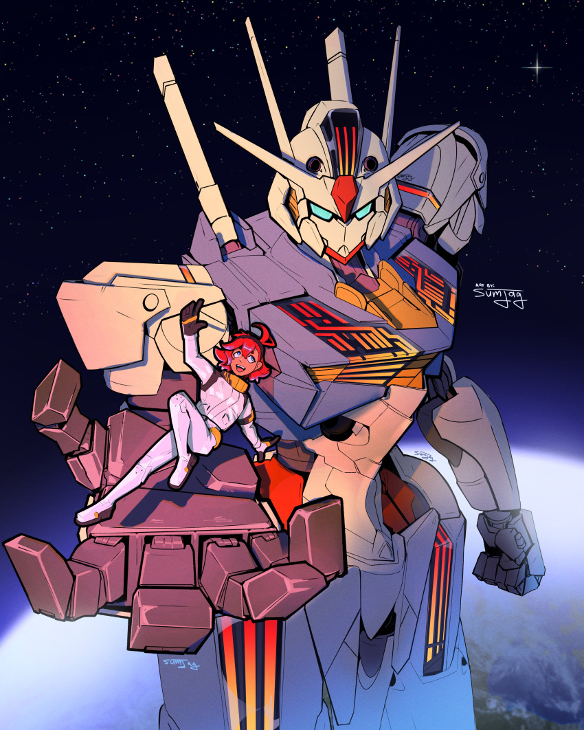 1girl absurdres arm_at_side artist_name black_hairband blue_eyes bodysuit clenched_hand commentary cowlick earth_(planet) english_commentary foreshortening gundam gundam_aerial gundam_suisei_no_majo hair_between_eyes hairband highres in_orbit looking_up mecha mobile_suit normal_suit open_hand open_mouth outstretched_arm outstretched_arms pilot_suit planet redhead robot science_fiction short_eyebrows signature smile space spacesuit spread_arms star_(sky) suletta_mercury sumjag teeth thick_eyebrows upper_teeth_only v-fin white_bodysuit zero_gravity