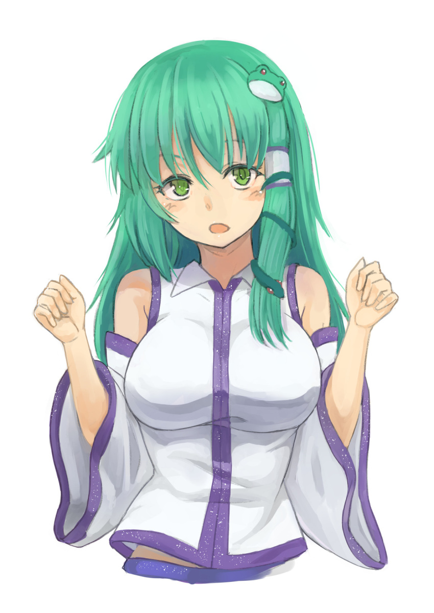 1girl bare_shoulders blush breasts collared_shirt commentary_request cropped_torso detached_sleeves frog_hair_ornament green_eyes green_hair hair_ornament head_tilt highres kakone kochiya_sanae large_breasts long_hair looking_at_viewer open_mouth shirt simple_background snake_hair_ornament solo tareme touhou upper_body white_background white_shirt wide_sleeves