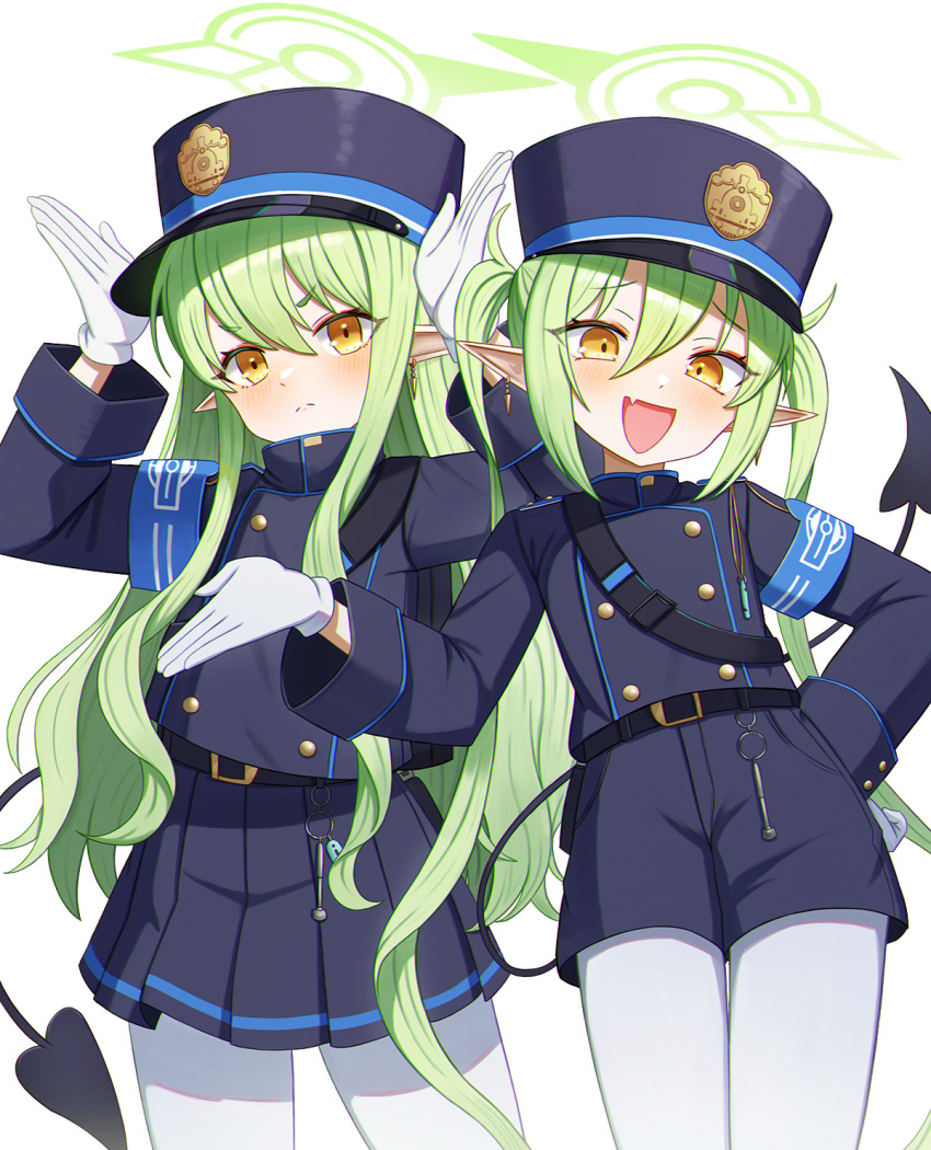 2girls :d black_hat black_jacket black_shorts black_skirt black_tail blue_archive blush buttons demon_tail double-breasted earrings gloves green_hair green_halo halo hat highlander_sidelocks_conductor_(blue_archive) highlander_twintails_conductor_(blue_archive) highres jacket jewelry long_hair long_sleeves looking_at_viewer melreon multiple_girls open_mouth pantyhose peaked_cap pleated_skirt pointy_ears shorts sidelocks simple_background single_earring skirt smile tail twintails white_background white_gloves white_pantyhose yellow_eyes