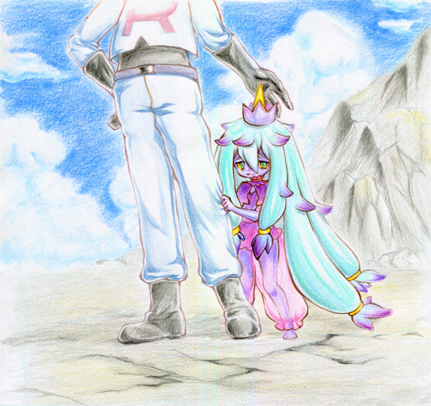 1boy 1girl barefoot belt blue_eyes blue_hair blue_sky boots clouds colored_pencil_(medium) colored_sclera colored_skin crown dress fang highres holding_another's_leg james_(pokemon) long_hair mareanie momoebi mountain personification pokemon purple_dress purple_skin rock see-through see-through_legwear shy size_difference sky traditional_media yellow_sclera