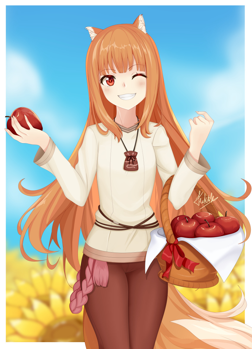 1girl ;d absurdres animal_ear_fluff animal_ears apple basket blue_sky blunt_bangs blurry blurry_background blush border bright_pupils brown_hair brown_pants commentary cowboy_shot day fangs felixkohai field fingernails floating_hair flower flower_field food fruit grin hands_up happy highres holding holding_basket holding_food holding_fruit holo jewelry long_hair long_sleeves looking_at_viewer necklace one_eye_closed outdoors pants red_apple red_eyes red_ribbon ribbon sharp_fingernails shirt sidelocks signature sky smile solo spice_and_wolf straight_hair sunflower sunflower_field tail very_long_hair w_arms white_border white_shirt wide_sleeves wolf_ears wolf_girl wolf_tail