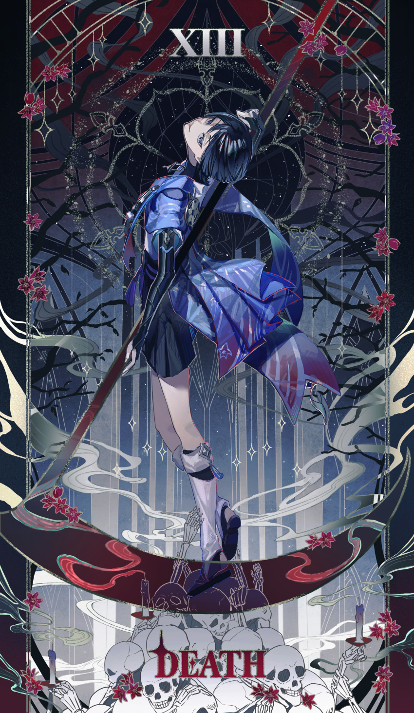 1boy :p absurdres black_background black_footwear black_hair black_sash black_shirt black_shorts blue_cape branch bridal_gauntlets candle cape closed_mouth death_(tarot) english_text flower genshin_impact gradient_background hair_between_eyes head_back highres hitohachan holding holding_scythe holding_weapon jacket looking_at_viewer looking_back male_focus parted_bangs pile_of_skulls pom_pom_(clothes) red_background red_flower roman_numeral rope sandals sash scaramouche_(genshin_impact) scythe shirt short_hair short_sleeves shorts skeletal_arm skeletal_hand skull smile smoke solo star_(symbol) tarot tarot_(medium) tassel tongue tongue_out v-shaped_eyebrows violet_eyes vision_(genshin_impact) wanderer_(genshin_impact) weapon white_jacket