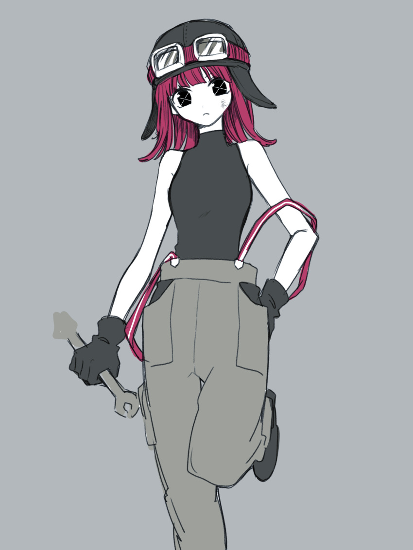 1girl aviator_cap black_eyes dirty dirty_face gloves goggles goggles_on_headwear hand_on_own_hip highres holding holding_wrench long_hair looking_at_viewer maco22 original oversized_clothes pants pink_hair shirt sleeveless sleeveless_shirt solo standing standing_on_one_leg suspenders suspenders_slip turtleneck wrench