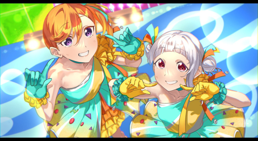 2girls arashi_chisato blunt_bangs choker collarbone commentary_request double_bun dress fingers_to_cheeks frilled_dress frills from_above gloves green_choker green_gloves grey_hair hair_bun highres looking_at_viewer love_live! love_live!_superstar!! multicolored_clothes multicolored_dress multiple_girls orange_hair red_eyes repurika shibuya_kanon single_sidelock smile tokonatsu_sunshine upper_body violet_eyes yellow_gloves