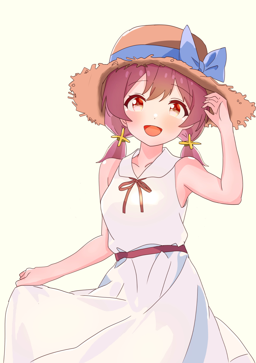 1girl :d absurdres alternate_costume bare_arms bare_shoulders blue_bow bow breasts commentary dot_nose dress hair_bow hand_up hat highres light_blush looking_at_viewer low_twintails medium_breasts medium_hair murosaki_miyo onii-chan_wa_oshimai! open_mouth pa_panahana red_eyes redhead simple_background skirt_hold sleeveless sleeveless_dress smile solo straw_hat twintails white_dress yellow_background