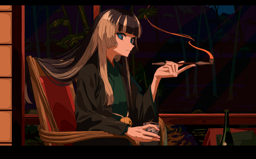 1girl absurdres alternate_costume architecture bamboo black_hair black_kimono blue_eyes blunt_bangs commentary cup east_asian_architecture grey_hair highres holding holding_cup holding_smoking_pipe hololive hololive_dev_is japanese_clothes juufuutei_raden kimono long_hair long_sleeves looking_at_viewer multicolored_hair nasu_(nasu8901) on_chair parted_lips sidelocks sitting smile smoking_pipe solo two-tone_hair upper_body virtual_youtuber