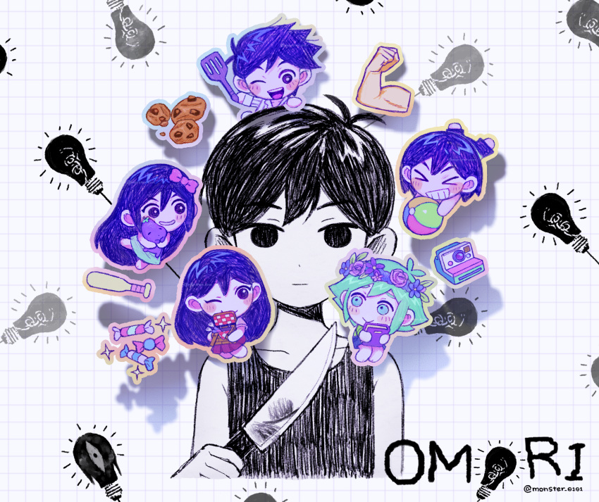 &gt;_&lt; 2girls 4boys :d absurdres aubrey_(headspace)_(omori) aubrey_(omori) ball baseball_bat basil_(headspace)_(omori) basil_(omori) beachball black_eyes black_hair blush book bow camera chibi closed_mouth collarbone colored_skin cookie expressionless flower food green_hair grin hair_bow head_wreath hero_(headspace)_(omori) hero_(omori) highres holding holding_ball holding_book holding_knife holding_spatula kel_(headspace)_(omori) kel_(omori) knife light_bulb long_hair looking_at_another looking_at_viewer mari_(headspace)_(omori) mari_(omori) multiple_boys multiple_girls nemuken omori omori_(omori) one_eye_closed open_mouth parted_lips picnic_basket pink_bow purple_hair short_hair smile something_(omori) spatula teeth upper_teeth_only violet_eyes white_skin xd