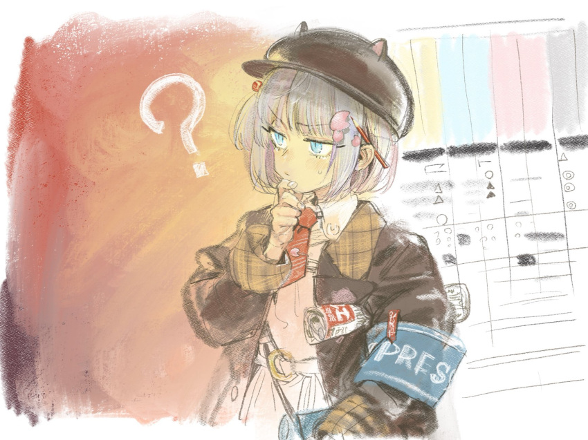 1girl ? animal_ear_headwear armband belt blue_armband blue_eyes border brown_coat brown_hat cabbie_hat carrying carrying_under_arm coat collared_shirt commentary_request grey_hair hand_on_own_chin hat highres ikuhana_niiro indie_virtual_youtuber long_sleeves looking_ahead necktie one_side_up open_clothes open_coat ouma_hami pencil_behind_ear red_necktie rolled_up_newspaper shirt short_hair short_necktie skirt small_sweatdrop solo stroking_own_chin v-shaped_eyebrows virtual_youtuber white_belt white_border white_shirt white_skirt