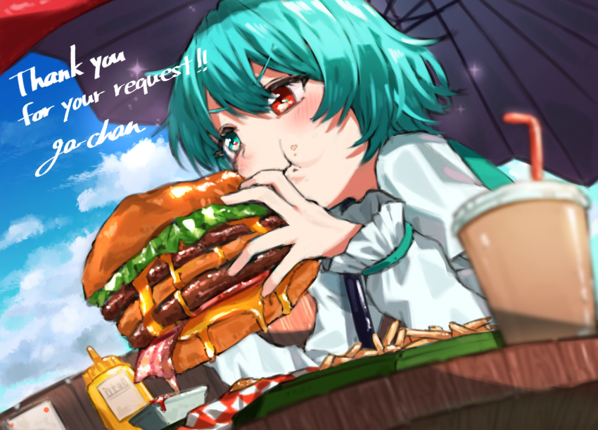 1girl :t blue_eyes blue_hair blush burger cheese closed_mouth commentary_request commission cup disposable_cup eating fast_food food food_focus french_fries ga-chan24 hair_between_eyes heterochromia lettuce long_sleeves meat medium_bangs mustard mustard_bottle red_eyes shirt short_hair skeb_commission solo tatara_kogasa touhou upper_body v-shaped_eyebrows white_shirt