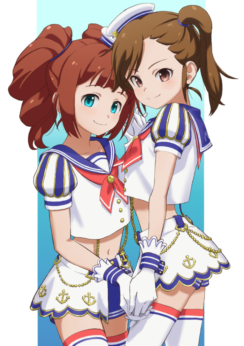 &gt;:) 2girls anchor_print aqua_eyes blue_background blue_sailor_collar blunt_bangs blunt_ends brown_eyes brown_hair closed_mouth commentary_request cowboy_shot cropped_shirt futami_mami gloves hand_up hat hat_ornament highres holding_hands idol idol_clothes idolmaster idolmaster_(classic) light_blush looking_at_viewer mappy_(minogue) miniskirt multiple_girls navel neckerchief print_skirt puffy_short_sleeves puffy_sleeves red_neckerchief sailor_collar sailor_hat shirt short_sleeves side_ponytail sidelocks simple_background skirt smile split_mouth star_(symbol) star_hat_ornament swept_bangs takatsuki_yayoi tareme thigh-highs twintails two-tone_background v-shaped_eyebrows wavy_hair white_background white_gloves white_hat white_shirt white_skirt white_thighhighs zettai_ryouiki