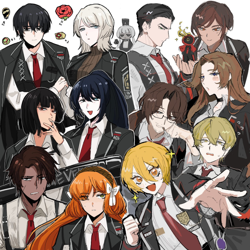 1other 6+boys 6+girls black_eyes black_hair blonde_hair blue_eyes brown_eyes brown_hair charon_(project_moon) cigarette clenched_teeth dante_(limbus_company) don_quixote_(project_moon) enkephalin_(project_moon) everyone faust_(project_moon) glasses gregor_(project_moon) heathcliff_(project_moon) highres hong_lu_(project_moon) ishmael_(project_moon) limbus_company long_hair looking_at_viewer low_ponytail lunacy_(limbus_company) meursault_(project_moon) multiple_boys multiple_girls niku_0000 open_mouth orange_hair outis_(project_moon) parted_bangs project_moon rodion_(project_moon) ryoshu_(project_moon) short_hair sidelocks simple_background sinclair_(project_moon) smile smoke smoking teeth very_long_hair white_background yellow_eyes yi_sang_(project_moon)