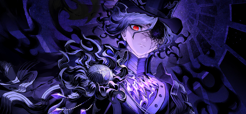 1boy cross-shaped_pupils edmond_dantes_(fate) fate/grand_order fate_(series) game_cg gradient_hair grey_hair hat looking_at_viewer male_focus multicolored_hair official_art red_eyes solo symbol-shaped_pupils the_count_of_monte_cristo_(fate)