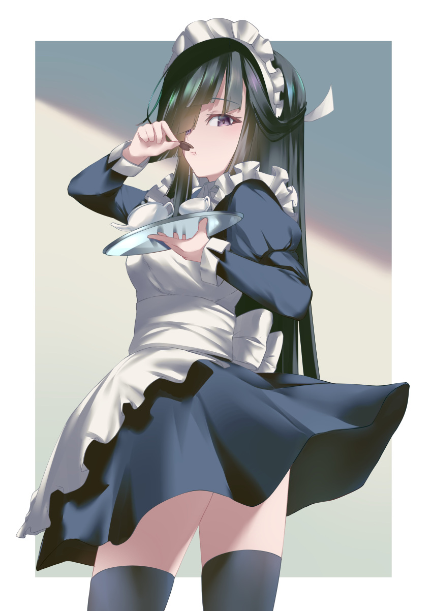 001machi 1girl absurdres alternate_costume apron black_dress black_hair black_thighhighs brown_eyes cup dress enmaided frilled_apron frills hair_over_one_eye hatsushimo_(kancolle) highres kantai_collection long_hair maid maid_headdress solo tea_set teacup teapot thigh-highs white_apron