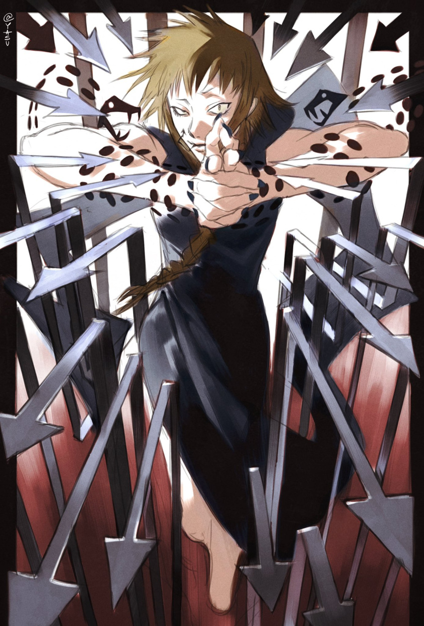 1girl ann_yasu_d arrow_(symbol) black_dress blonde_hair braid breasts dress highres hood hoodie looking_at_viewer medusa_gorgon nail_polish own_hands_clasped own_hands_together pointing pointing_at_viewer short_hair sleeveless sleeveless_hoodie snake snake_tattoo solo soul_eater tattoo yellow_eyes