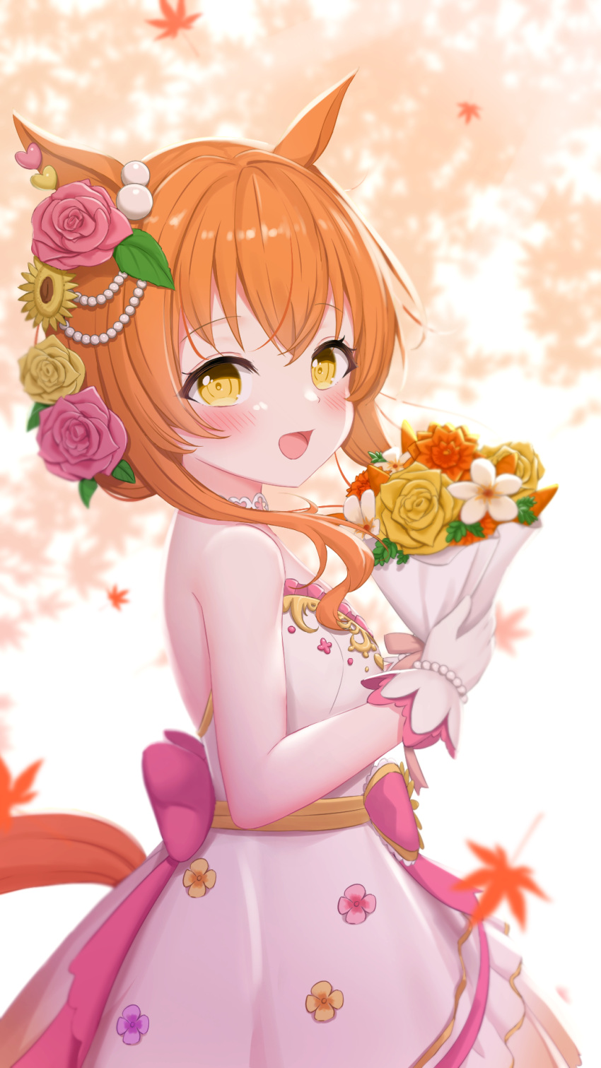 1girl animal_ears backless_dress backless_outfit bare_shoulders bouquet bow commission dress flower from_side gloves hair_flower hair_ornament highres holding holding_bouquet horse_ears horse_girl horse_tail leaf looking_at_viewer maple_leaf mayano_top_gun_(umamusume) open_mouth orange_eyes orange_hair orange_tail pink_dress sleeveless smile tail umamusume wedding wedding_dress white_clover_(unfy8472)