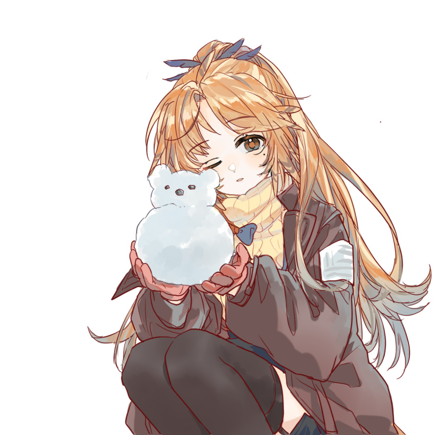 1girl arknights black_thighhighs brown_jacket feather_hair feet_out_of_frame forehead garter_straps gloves half_updo hansuitianer highres holding_snowman jacket legs_together long_hair long_sleeves looking_at_viewer mole mole_under_eye one_eye_closed open_clothes open_jacket orange_eyes orange_hair parted_bangs parted_lips pinecone_(arknights) ponytail red_gloves ribbed_sweater sidelocks simple_background snowman solo squatting sweater thigh-highs turtleneck turtleneck_sweater white_background yellow_sweater