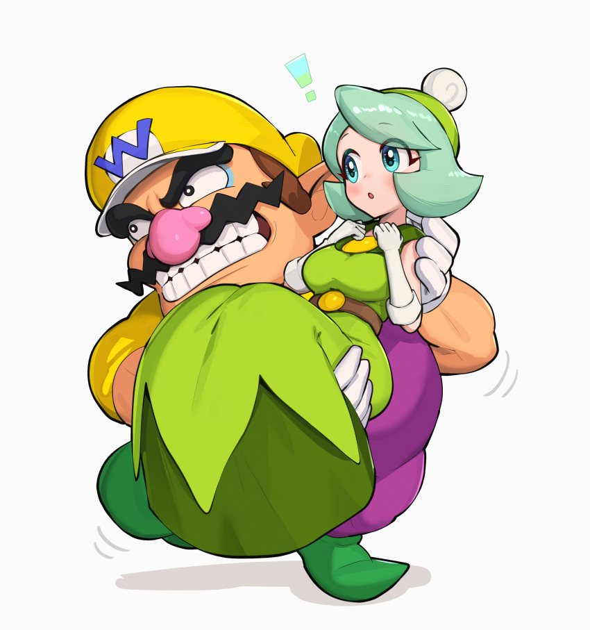! 1boy 1girl blue_eyes blush carrying dress facial_hair gloves gonzarez green_dress green_footwear green_hair green_hat grin hat highres mustache overalls parted_lips princess_carry purple_overalls queen_merelda shirt smile thick_eyebrows wario wario_land wario_land:_shake_it! white_gloves yellow_hat yellow_shirt