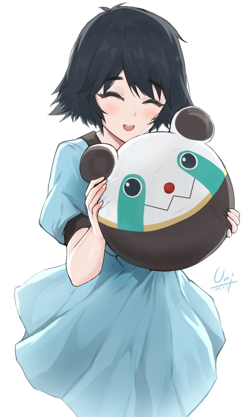 1girl absurdres black_hair blue_dress closed_eyes dress highres holding shiina_mayuri short_hair short_sleeves signature smile solo steins;gate stuffed_toy unique_(pixiv12704744) upa_(steins;gate) white_background