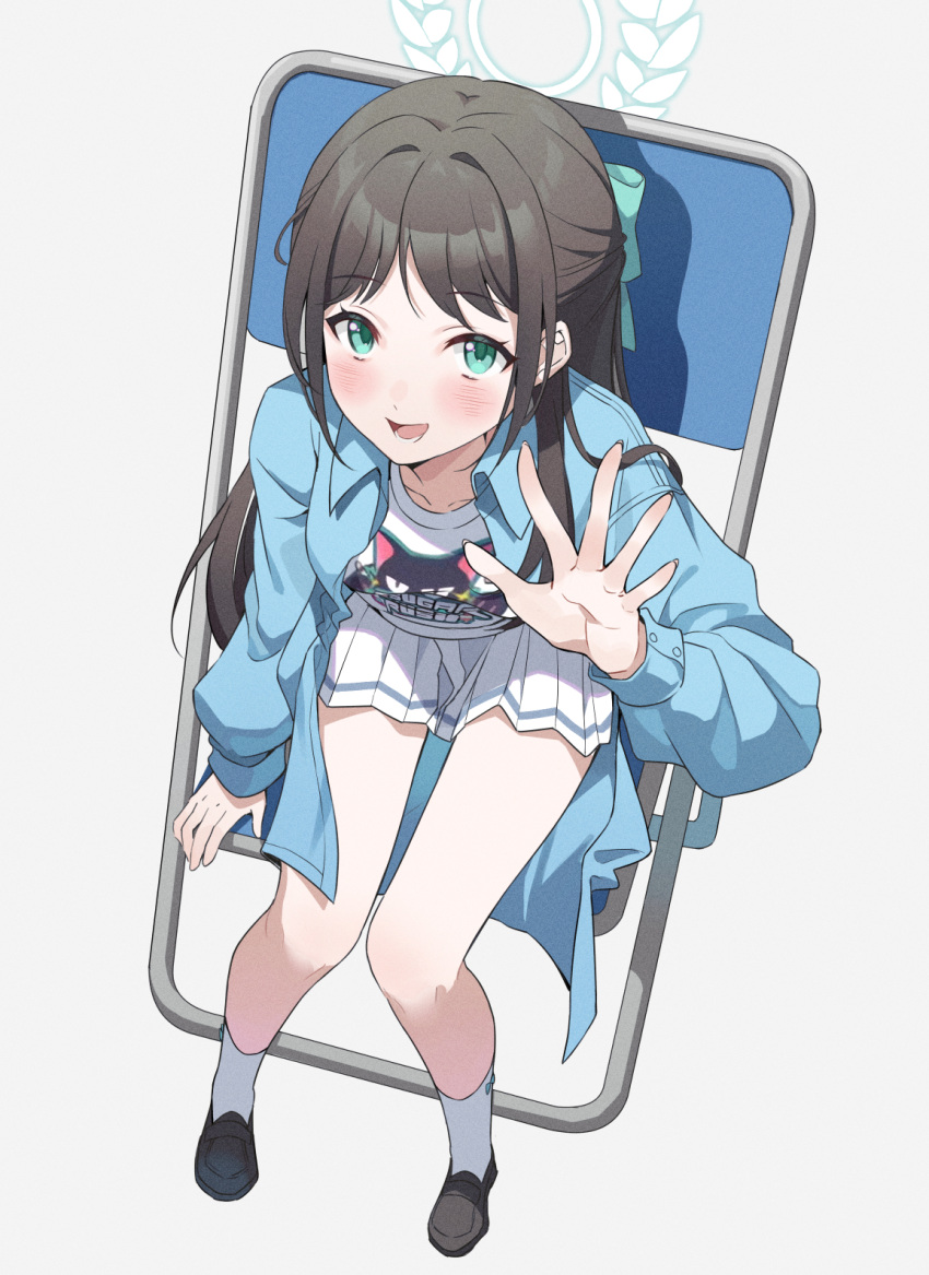1girl airi_(band)_(blue_archive) airi_(blue_archive) black_footwear black_hair blue_archive blue_jacket blush full_body green_eyes green_halo grey_background halo highres hoshiko_(419401x) jacket long_hair long_sleeves looking_at_viewer official_alternate_costume open_mouth pleated_skirt shirt shoes sitting skirt smile socks solo white_shirt white_skirt white_socks