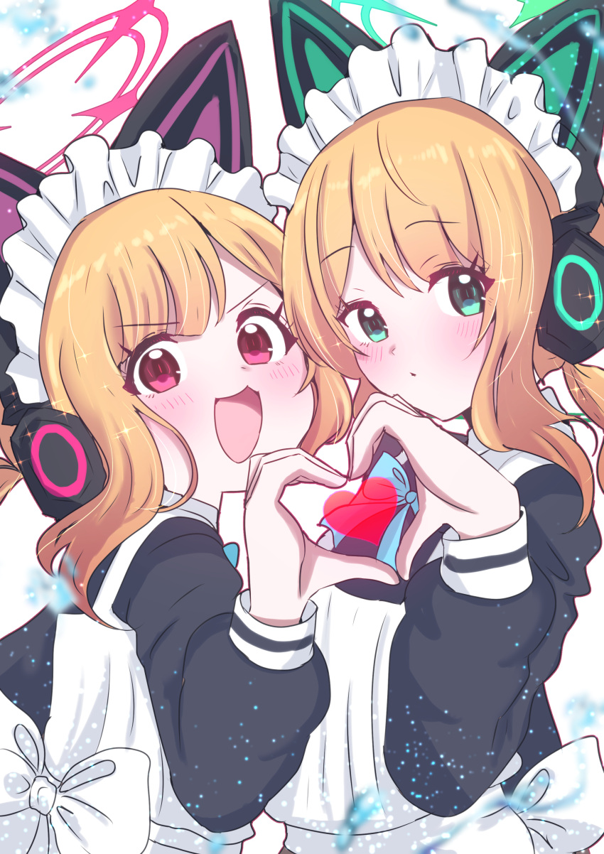 2girls absurdres animal_ear_headphones animal_ears blonde_hair blue_archive cat_ear_headphones fake_animal_ears giorgio_(yo_sumire_sola1) green_eyes green_halo halo headphones heart heart_hands heart_hands_duo highres long_sleeves looking_at_viewer midori_(blue_archive) midori_(maid)_(blue_archive) momoi_(blue_archive) momoi_(maid)_(blue_archive) multiple_girls official_alternate_costume pink_eyes red_halo short_hair siblings sisters twins