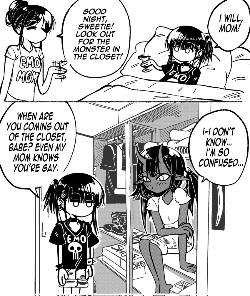 3girls bed blush bracelet claws closed_eyes closet dark-skinned_female dark_skin demon_girl demon_horns ear_piercing english_text grs- highres holding_own_arm horns jewelry long_hair medium_hair monochrome monster monster_girl mother_and_daughter multiple_girls no_mouth on_bed original piercing pillow pointy_ears ponytail short_ponytail simple_background sitting spiked_bracelet spikes