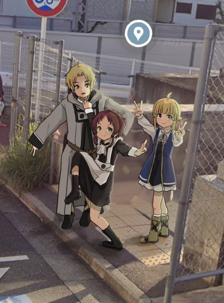 1boy 2girls ahoge aisha_greyrat apron ascot blonde_hair brother_and_sister chain-link_fence chocomi6517 cloak clothes_grab double_v eyebrows_hidden_by_hair family fence google_maps google_street_view green_cloak green_eyes grey_robe half-siblings high_school_girls_posing_for_google_street_view_(meme) highres long_bangs looking_at_viewer maid maid_apron meme multiple_girls mushoku_tensei norn_greyrat overhead_line photo_background posing raised_curb redhead road_sign robe rudeus_greyrat siblings sidewalk sign sisters smile socks standing standing_on_one_leg v waist_ribbon white_apron white_ascot white_socks
