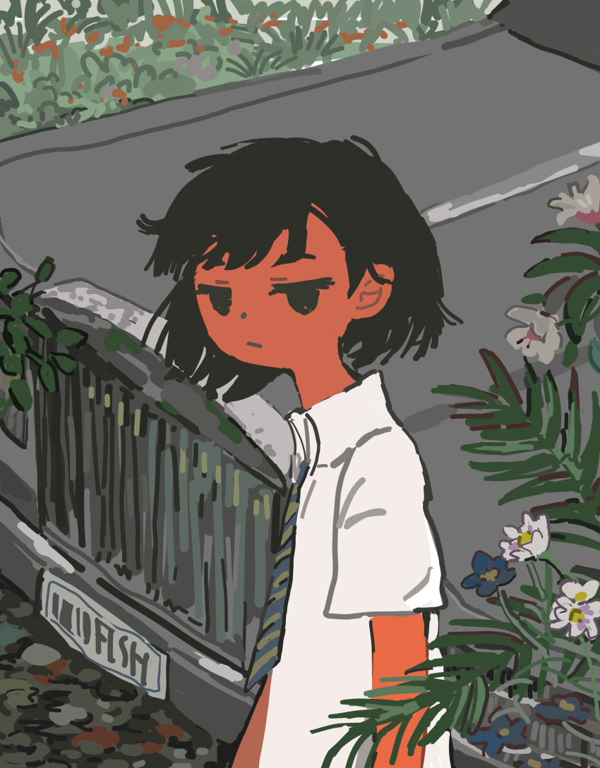 1boy :/ absurdres akziqi arms_at_sides black_eyes black_hair blue_flower branch car closed_mouth collared_shirt colored_skin commentary expressionless flower foliage from_side highres jitome looking_at_viewer looking_to_the_side male_focus motor_vehicle necktie orange_skin original shirt short_hair short_sleeves solo upper_body white_flower
