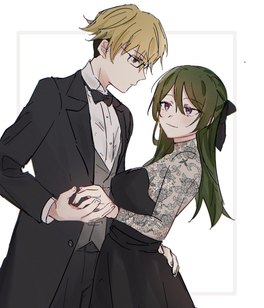1boy 1girl black_bow black_bowtie black_dress black_suit blonde_hair bow bowtie commentary_request dress fenfenfen_naku formal glasses grey_vest hair_bow hair_down hand_on_another's_hip highres holding_hands land_(sousou_no_frieren) long_sleeves shirt short_hair simple_background smile sousou_no_frieren suit traditional_bowtie ubel_(sousou_no_frieren) upper_body vest violet_eyes white_background white_shirt