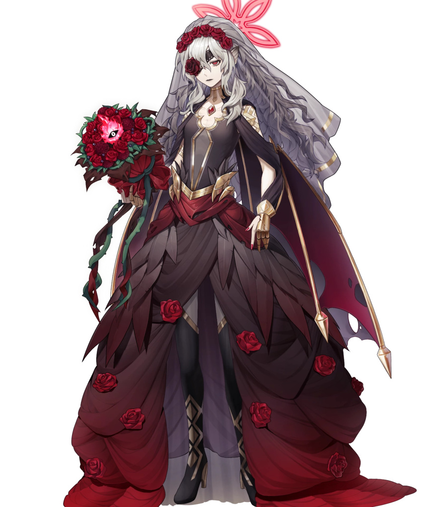 1girl air_(ai_r_) animal_ears bat_ears bat_girl black_dress black_eyeshadow black_lips black_thighhighs bouquet breasts bride dress embla_(closed-off_bride)_(fire_emblem) embla_(fire_emblem) eyeshadow fire_emblem fire_emblem_heroes flower flower_eyepatch gem gold_trim grey_background grey_hair highres holding holding_bouquet lipstick makeup nail_polish non-web_source official_alternate_costume official_art pale_skin red_brooch red_flower red_gemstone red_nails red_rose rose small_breasts solo tachi-e thigh-highs wedding_dress