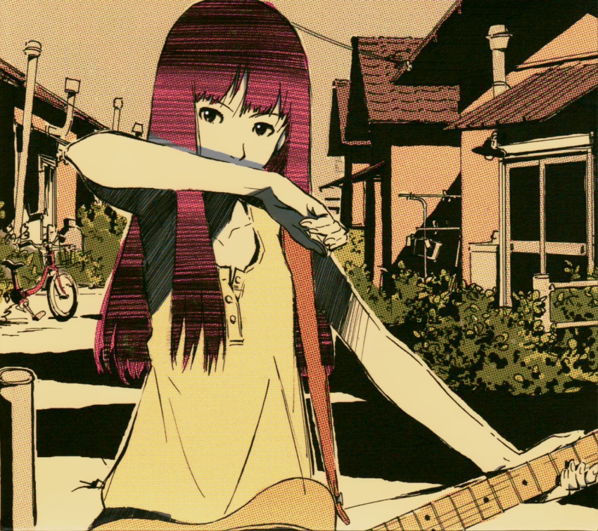 1girl album_cover bicycle bush color_halftone cover covered_mouth covering_own_mouth cowboy_shot electric_guitar fender_telecaster guitar hand_up highres house instrument looking_at_viewer loose_clothes loose_shirt non-web_source official_art power_lines purple_hair redhead scan screentones shirt solo soutaisei_riron_(band) tsurumaki_kazuya yakushimaru_etsuko