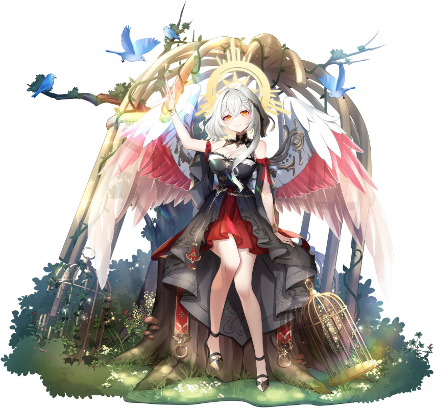 1girl angel arm_up asymmetrical_bangs bare_arms bare_legs bird birdcage black_dress black_footwear blue_bird blue_eyes breasts bush cage catherine_(eversoul) catherine_(radiance)_(eversoul) cleavage_cutout clothing_cutout dress eversoul feathered_wings full_body game_cg grass hair_between_eyes hair_ornament halo halo_behind_head highres large_breasts looking_up non-web_source official_alternate_costume official_alternate_eye_color official_alternate_hair_color official_alternate_hairstyle official_art orange_eyes red_dress red_ribbon red_wings ribbon short_hair sitting sleeveless solo spiked_halo tachi-e transparent_background tree_stump two-tone_dress two-tone_wings white_hair white_wings wings yellow_halo
