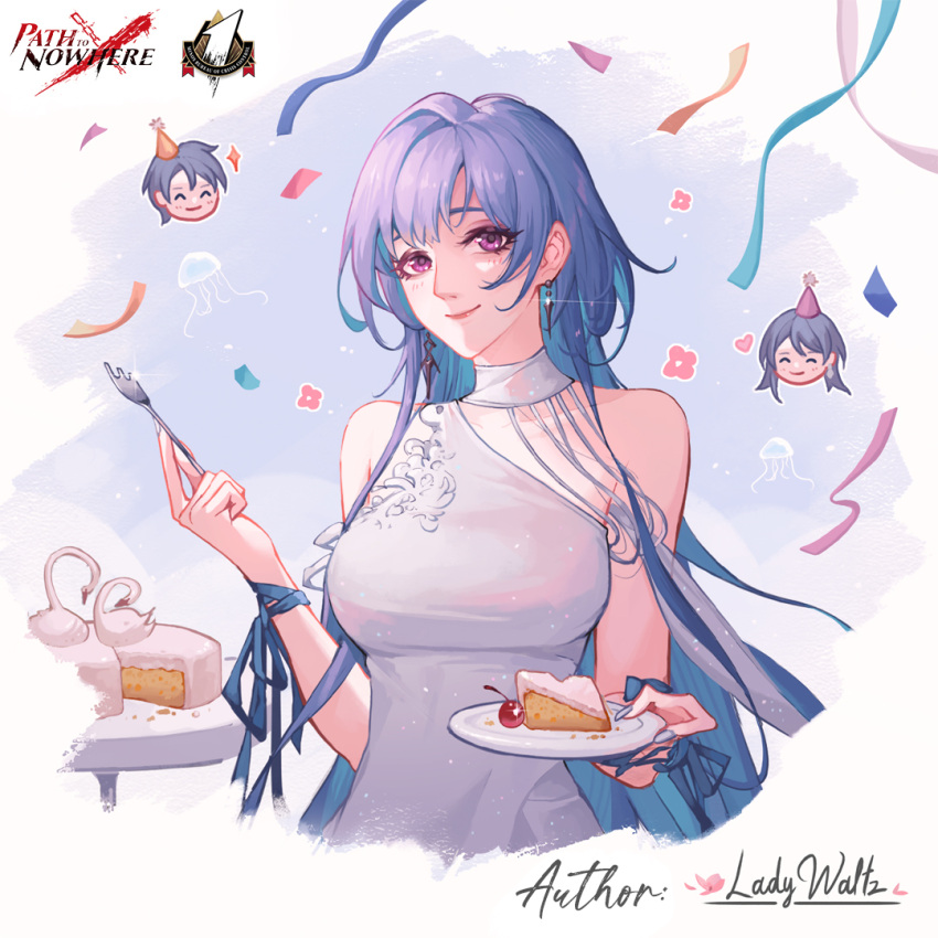 1boy 2girls bare_shoulders blue_hair breasts cake cake_slice cherry chief_(path_to_nowhere) confetti detached_collar dress earrings female_chief_(path_to_nowhere) food fork fruit hair_between_eyes hamel_(path_to_nowhere) hat holding holding_fork jellyfish jewelry ladywaltz large_breasts light_blush logo long_hair looking_at_viewer male_chief_(path_to_nowhere) multicolored_hair multiple_girls nail_polish party_hat path_to_nowhere plate signature single-shoulder_dress smile two-tone_hair upper_body very_long_hair violet_eyes white_dress white_nails